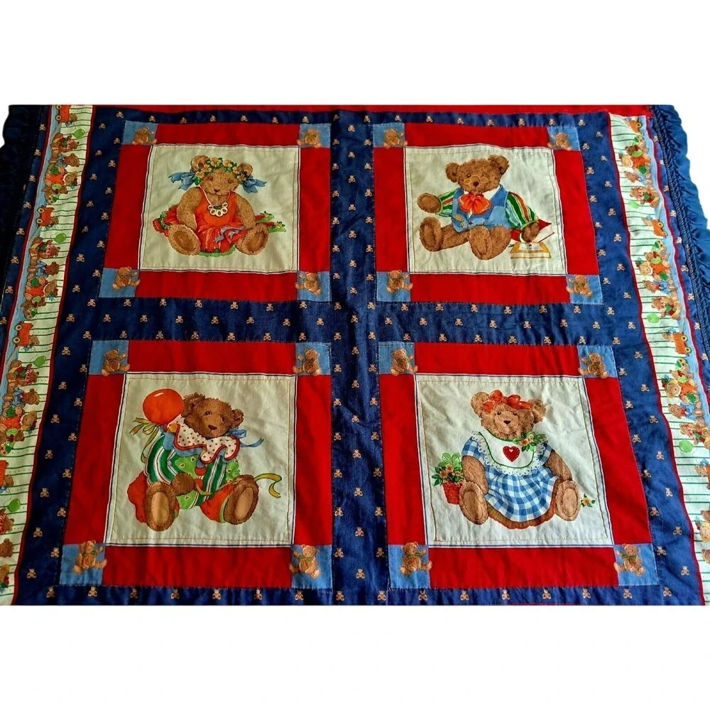 Vintage Teddy Bear Patchwork Quilt Red Navy Blue Ruffle Nursery Blanket 67x44‎